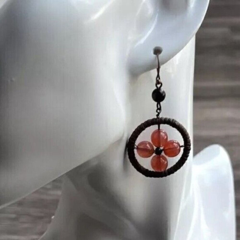 Vintage Red Agate/Wood Western Aztec Dangle Flower Round Earrings Wire Wrapped